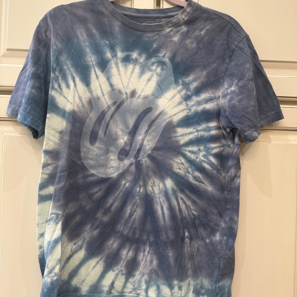 Rolling Stones Logo Blue Tie-Dye Graphic T-Shirt; Small
